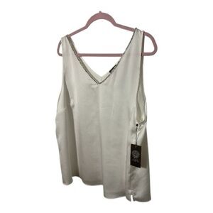 Vince Camuto Plus Hammered Satin V-neck Sleeveless Rhinestone Trim White